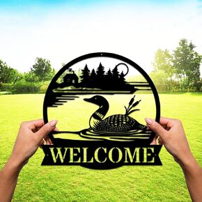 Loon Metal Sign Welcome Sign circle Custom Loon Scenic Art Wall Design Lake House Metal Sign Garden Decor Housewarming Sign Large 12 inch 14-gauge Thick metal Wall Hanging Décor