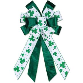 Hying Large St. Patrick's Day Bows for Wreath, Green Shamrock Bow White Burlap Wreath Bows Holiday Irish Clover Tree Topper Bows for Front Door Saint Patrick's Day Decorations Supplies