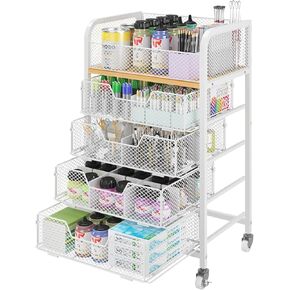 5-Tier Craft Organizer Cart with Wheels,Storage Cart with Drawers,Lockable Wheels Rolling Utility Cart,Makeup Cart with DIY Divider,Office Supply Organizer Cart,Ideal for Studio,Office,Bedroom,White
