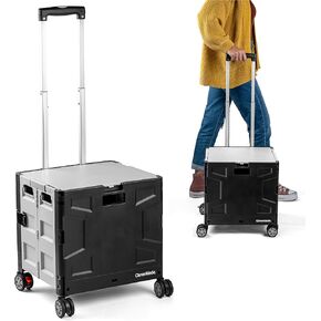 CleverMade Collapsible Wheeled Crate with Lid, 4-Wheels - Swivel and Glide Rolling Crate with Handle and Double Wheels for Easy Transport and Versatile Use - 35L and 75lb Capacity, Black/Cream