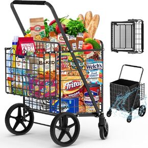 [Upgrade] Shopping Cart for Groceries, 280 LBS Large Grocery Cart with Waterproof Liner, 360° Rolling Swivel Wheels, Heavy Duty Utility Cart Folding Shopping Carts for Laundry Luggage Gift