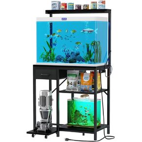 29-40 Gallon Large Aquarium Stand with Power Outlet, Tall 4 Tiers Fish Tank Stand with Storage Drawer, 400LBS Capacity Terrarium Stand with 4 Wheels, Reptile Tank for Accessories Storage, Black
