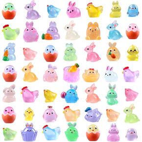 50pcs Easter Luminous Mini Resin Figures, Little Small Easter Glow in The Dark Bunny Miniature Rabbit Chick Figurines for Dollhouse Micro Garden Landscape Decoration Egg Fillers Party Favors