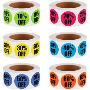 3000 Count Sale Stickers, 10 to 60 Percent Off Label Discount Garage Sale Stickers 1 Inch Adhesive Discount Pre-Printed Labels, Circle Pricemarker Tag Stickers for Retail Store Clearance