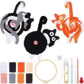 Teenyyou Cat Punch Needle Kit, 3 Patterns Cute Coasters Adults Beginner with Adhesive Felt, Yarns, Embroidery Hoop, Instruction, Cat Gifts