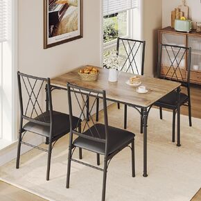 Dining Table Set, 5-Piece Metal and Wood Indoor Modern Rectangular Dining Table Furniture Set for Kitchen, Dining Room, Dinette, Breakfast Nook w/ 4 Chairs, Wood Grain
