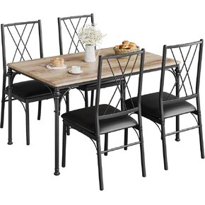 5-Piece Dining Table Set, Metal and Wood Indoor Modern Rectangular Dining Table Furniture Set for Kitchen, Dining Room, Dinette, Breakfast Nook w/ 4 Chairs, Wood Grain