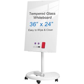 TQVAI Glass Whiteboard 24" x 36", Easel Style Dry Erase Board, Magnetic White Board with Stand for Office School Home