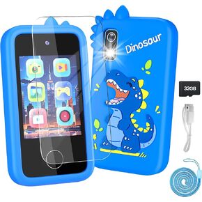 Kids Phone with Camera for Boys with Touchscreen, 32G Card Christmas Birthday Gifts for Age 3-8 Kids Dual Camera, Music Player (Blue Dinosaur)