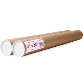 4" x 36" Reinforced Kraft Paper Mailing Tubes, Pack of 2 Tubes with 2 Caps Each – USPS Approved Poster Tube – Made in USA Cardboard Tube for Shipping and Storing Posters, Prints, Artwork, or Documents