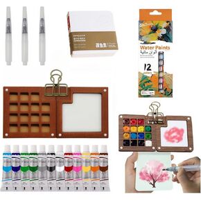 Pocket Artist Watercolor Travel Set - Mini Wood Paint Palette with 3 Pack Watercolor Brushes, 12 Colors, Mini Watercolor Sketchbook, Convenient Portable Travel Mini Watercolor Paint Set
