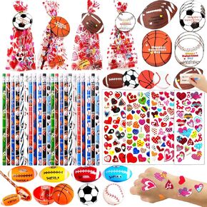 28 Pack Valentine Cards for Kids with 198 PCS Sports Stationery Valentines Day Gifts for Kids Pencils, Erasers, Heart Stickers（Soccer, Basketball, Baseball）School Class Exchange Classroom Party Favors