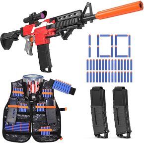 Toy Sniper Rifle with Scope, Realistic Toy Gun with Tactical Vest, 2 Magazines and 100 Bullets, Automatic Toy Foam Blaster for Kids Ages 8-12, Electric Toy Dart Blaster Birthday Xmas Gifts