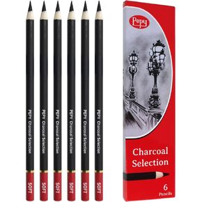 Pepy Professional Soft Charcoal Pencil Set – Set of 6 Pre-Sharpened Black Charcoal Pencils; Perfect for Drawing, Sketching, Blending and Shading