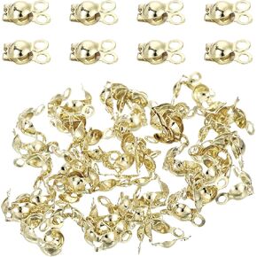 uxcell 50 Pcs 4mm Crimp End Caps, Clamshell Cord End Cap Connector Clasp Bead Tips Knot Covers Calotte End Crimp for DIY Jewelry Making, 18K Gold