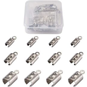 KISSITTY 400pcs/box Fold Over Crimp Cord Ends 8.5mm 10mm 12mm Stainless Steel Cord End Caps Tips Leather Ribbon Clamp Clasp for DIY Craft Jewelry Making Fits 2-6mm