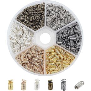 NBEADS 600 Pcs Iron Coil Cord Ends with 1.8mm Hole, 6 Assorted Colors Metal Leather Cord Ends Caps Clasps Connectors for Necklaces Bracelets Jewelry Making