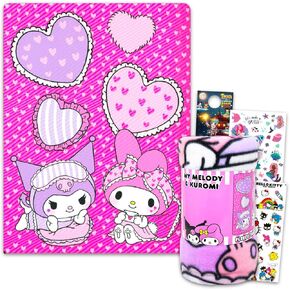 Sanrio Fleece Blanket Set - My Melody and Kuromi Blanket Bundle with Hello Kitty Stickers, Tattoos, More for Kids Toddlers Children | 45" x 60" My Melody and Kuromi Fleece Throw