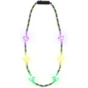 Windy City Novelties - LED Light Up Mardi Gras Bead Necklace - 3 Dynamic Light Modes - Purple, Green & Gold Festive Colors