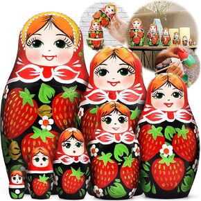 AEVVV Russian Nesting Dolls Set of 7 pcs - Russian Doll with Red Head Scarf and Strawberry Dress - Handmade and Hand Painted Matryoshka Nesting Dolls
