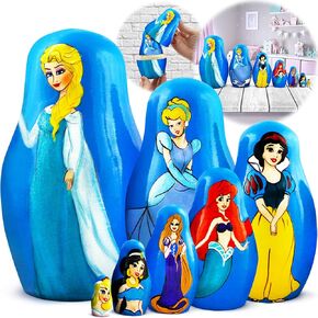 AEVVV Famous Princesses Wood Nesting Dolls Set 7 Pieces - Handmade Wooden Russian Matryoshka - Cartoon Heroes Figures