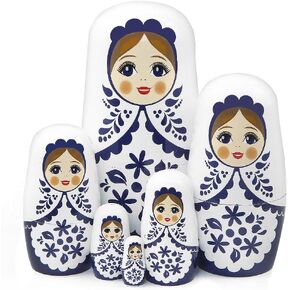 White and Blue Girl Russian Nesting Dolls Set of 6 Flower Girl Wooden Matryoshka Dolls Wishing Doll for Birthday Christmas Graduation New Year Kid Stacking Toy Girl Women Gift Home Decoration