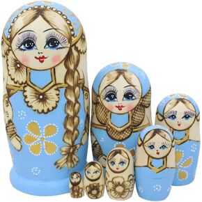 Winterworm® Cute Little Girl with Big Braid Handmade Matryoshka Wishing Dolls Russian Nesting Dolls Set 7 Pieces Wooden Kids Gifts Toy Home Decoration Sky Blue