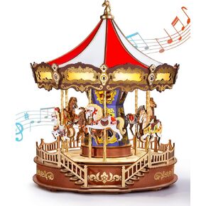 Rolife Wooden 3D Puzzles for Adults, DIY Carousel Music Box with Chaser Lights 11.6" Model Building Kit, Construction Project Craft Kits for Adults Hobby Home Decor Chiristmas Gifts for Boys Girls