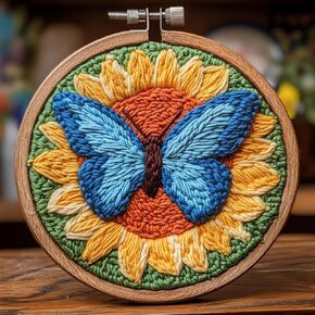 DIY Punch Needle Kits Butterfly on Sunflower Embroidery Punch Needle Starter Craft with Hoop Easy for Beginners for Festival t and Decoration 20x20cm-1
