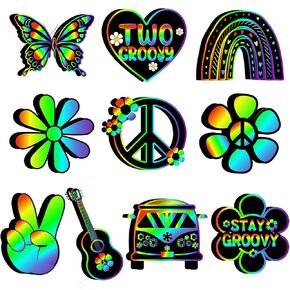 Saillong 80 Pcs Groovy Scratch Cards Scratch Paper Set Daisy Bus Butterfly Guitar Two Groovy Scratch Off Paper Groovy Party Favors Scratch Crafts for Party Games Birthday Gifts Supplies