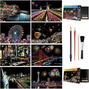 Scratch Painting & Scratch Cards A4 for Kids & Adults, Rainbow Scratch Art for Adults Night View Art&Craft, 8PC Rainbow Paint by Scratch Paper Engraving Art Set