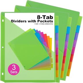 Dividers for 3 Ring Binder, 8 Tab Multicolor Binder Dividers with Front Pocket, Insertable Tabs for Organizing Loose Papers, 3 Set of 24 Pack