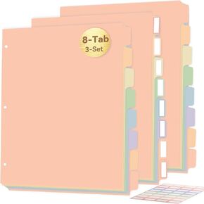 Plastic 8-Tab Binder Dividers, Pastel Dividers for 3 Ring Binder, with Colorful Labels, Letter Size, 3 Sets