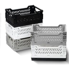 6-Pack Foldable Plastic Storage Crates for Organizing with Handles, Stackable Collapsible Bins for Desk, Office and Shelf Organization, Small Basket for Home, Kitchen, and Classroom (White-Grey-Black)