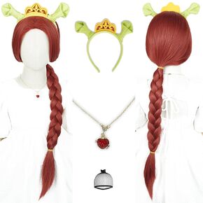 Kids Princess Wig Long Red Braid + Crown Crown Necklace + Cap Cap for Girls Toddler ، شعر مستعار ما قبل المصنفات الألياف الاصطناعية لحفلة عيد الهالوين