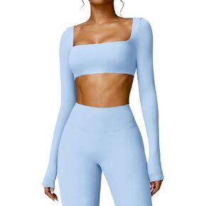YEOREO Kyla Women Crop Top Long Sleeve Padded Sports Low Medium Impact Yoga Shirt Workout Blue S