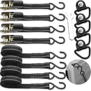 4 Pack Tie Down Kit for Ruffland Kennel - Tie Down D-Ring Kit - 1000 Lbs, with Wrench, Tie Down Straps Kit Compatible with RuffLand Kennels - 1800 LB Break Strength, Night Reflection, 10 Ft