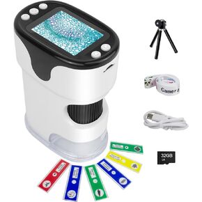 Handheld Digital Microscope for Kids, 1000X Portable Mini Pocket Microscope, 2'' HD Screen Rechargeable Microscope with Slide Kit, Microscope Stand, 32G SD Card for Children Education Gift