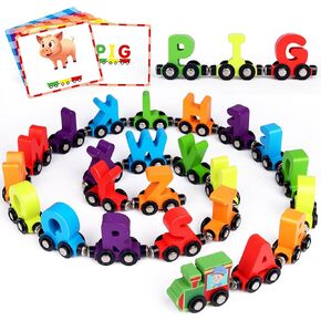 27 PCS Magnetic Wooden Alphabet Train Set, ABC Learning Toy with 42 Flash Cards, 1 Engine and Storage Bag, Educational Letter Toy Trains for Toddlers, Boys Girls, Ideal Gift for 3-7 Year Olds