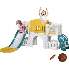 Qaba 8 in 1 Toddler Slide for Kids Age 1-3 Years, Indoor Kids Slide Playset with Basketball Hoop, Climber, Telescope, Tunnel, Steering Wheel, Aisle, Storage Baskets, Yellow