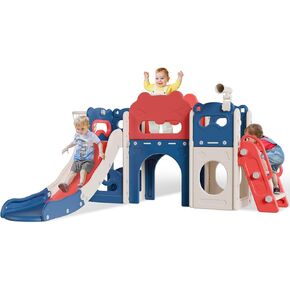 Babytronic Toddler Slide Set, 8 in 1 Kids Indoor Slide for Age 1-3, Indoor Outdoor Toddler Playground with Basketball Hoop and Telescope, Baby Indoor Slide Playset, Blue&Red