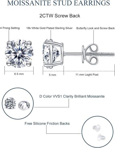 Moissanite Stud Earrings Hypoallergenic 925 Sterling Silver stud Earrings for Women Round Cut D Color VVS1 18K White Gold Plated Lab Created Moissanite Earrings for Women Men 0.3ct-2ct in Kuwait