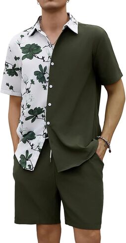 OYOANGLE Men's 2 Piece Vacation Outfits Tropical Hawaiian Button Down Shirt and Shorts Set Dark Grey XX-Large in Kuwait