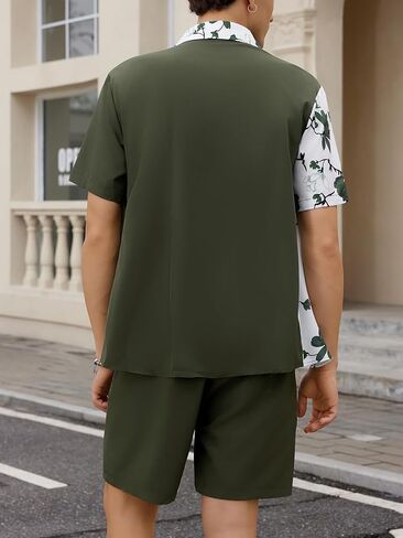 OYOANGLE Men's 2 Piece Vacation Outfits Tropical Hawaiian Button Down Shirt and Shorts Set Dark Grey XX-Large in Kuwait