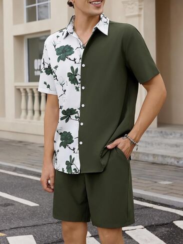 OYOANGLE Men's 2 Piece Vacation Outfits Tropical Hawaiian Button Down Shirt and Shorts Set Dark Grey XX-Large in Kuwait