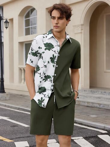 OYOANGLE Men's 2 Piece Vacation Outfits Tropical Hawaiian Button Down Shirt and Shorts Set Dark Grey XX-Large in Kuwait