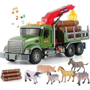 Timber Logging Truck w/ Functional Loading Crane Toy & Bundle of Logs, Large 15" Semi Transport Tow Truck Hauler Playset for Kids, Boys Ages 3 4 5 6 7 8, Lights & Sounds, 6 Farm Animals, Birthday Gift