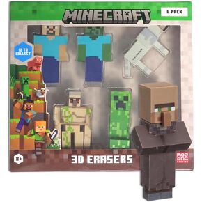 Mine Craft 3D Erasers, 6-Pack Deluxe Collector Set, 12 Iconic Characters to Collect, Own The Entire Series (Steve,Iron Golem,Villager,Creeper,Wolf,Zombie)