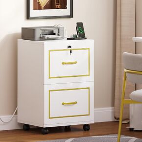YITAHOME 2 Drawer File Cabinet with Charging Station and Lock, Mobile Filing Cabinet with Wheels, Printer Stand for Home Office, Fits A4, Letter, Legal Size Files, White