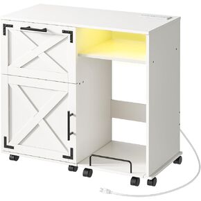 HOOBRO File Cabinet with Charging Station/LED Lights, Wooden Lateral Filing Cabinet on Wheels, Printer Cabinet with Open Storage for Home Office, A4, Letter, Legal Size Files, White WT85UDWJ01